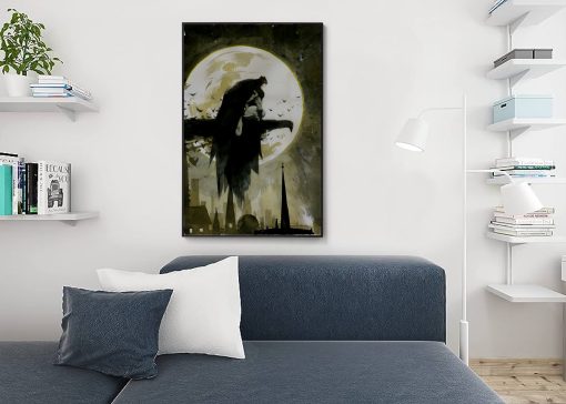 Explore our mesmerizing handmade oil painting on canvas, featuring Batman seated atop a church statue, framed against a breathtaking moonlit night. This stunning artwork vividly captures the Dark Knight's contemplative pose amidst the serene beauty of the night sky, crafted with meticulous detail and vibrant colors. Created by skilled artisans, this masterpiece embodies Batman's enigmatic essence, appealing to both comic enthusiasts and art lovers. Elevate your space with this compelling portrayal, a captivating fusion of artistry that brings Batman's introspective moment to vivid life under the enchanting moonlight.