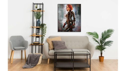 Explore Marvel's iconic Black Widow portrayed by Scarlett Johansson in a stunning handmade oil painting on canvas. This captivating artwork beautifully captures the essence and charisma of Johansson's portrayal with intricate detailing. Elevate your space with this dynamic artwork, perfect for enthusiasts seeking a striking and iconic portrayal of Black Widow, adding an intense and captivating essence to any collection.