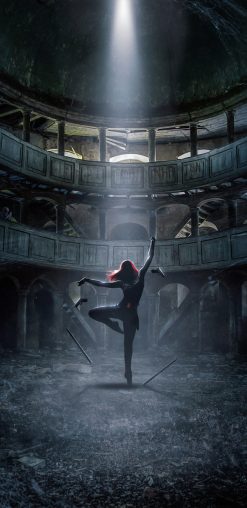 Marvel at the iconic Black Widow in a handmade oil painting on canvas, elegantly dancing with a gun in an abandoned theater setting. This captivating artwork skillfully merges Black Widow's grace and weaponry, depicted with meticulous details. Elevate your space with this dynamic artwork, ideal for enthusiasts seeking a unique portrayal of Black Widow's duality, adding an intense and captivating essence to any collection.