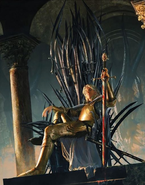 Immerse yourself in the intrigue of Game of Thrones with a captivating handmade oil painting on canvas, depicting Jaime Lannister seated on the Iron Throne, gripping his blood-stained sword. This striking artwork skillfully portrays Jaime's complexity and power, ideal for fans of the series. Elevate your space with this dynamic portrayal, bringing the essence of Jaime Lannister and the Iron Throne's regal yet ominous atmosphere into your collection.
