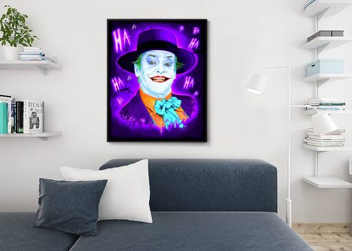 Discover our stunning handmade oil painting on canvas, featuring the iconic Joker portrayal by Jack Nicholson in a vibrant purple-themed design. This mesmerizing artwork vividly captures Nicholson's unique take on the character, showcasing the Joker's eccentricity with vivid colors and intricate detailing. Crafted by skilled artisans, this masterpiece embodies the essence of Nicholson's Joker, appealing to movie buffs and art connoisseurs. Elevate your space with this captivating portrayal, a brilliant fusion of Nicholson's legendary performance and a vibrant purple palette, adding a touch of cinematic brilliance to any room.