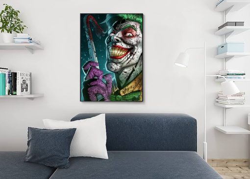 Discover our mesmerizing handmade oil painting on canvas, featuring an intense Joker portrait from the comics, gripping a blood-splattered crowbar with a chilling and deranged expression. This powerful artwork vividly captures the Joker's unpredictable and dark persona, portrayed with vibrant colors and meticulous details. Crafted by skilled artisans, this masterpiece embodies the essence of the Joker's enigmatic allure, appealing to comic aficionados and art lovers. Elevate your space with this compelling portrayal, a vivid fusion of comic-inspired artistry that brings the Joker's haunting presence to life, adding a thrilling and darkly captivating touch to your wall display.