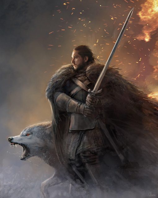 Immerse yourself in the world of Game of Thrones with a compelling handmade oil painting on canvas, portraying Jon Snow and his loyal wolf, Ghost, poised for battle. This captivating artwork skillfully captures the heroic stance of Jon Snow and Ghost, ready to leap into action. Elevate your space with this dynamic portrayal, ideal for fans seeking a powerful depiction of the bond between Jon Snow and Ghost, adding an intense and adventurous essence to any collection.