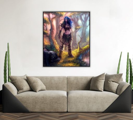 Step into the enchanting realm of World of Warcraft with a mesmerizing handmade oil painting on canvas, featuring a captivating portrait of a female Night Elf Hunter. This artwork skillfully embodies the grace and strength of the Night Elf Hunter, meticulously crafted for WoW aficionados. Elevate your space with this dynamic depiction, perfect for enthusiasts seeking an evocative portrayal of the iconic Night Elf Hunter, adding an adventurous essence of WoW to enhance any collection.