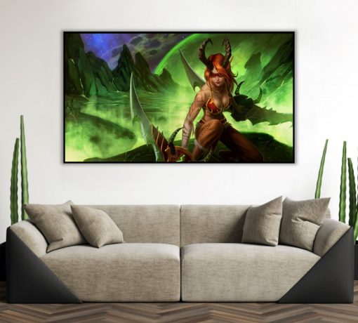 Indulge in the allure of a handmade oil painting on canvas, portraying a captivating and seductive female Blood Elf Demon Hunter navigating the chaotic landscapes of World of Warcraft. This exquisite artwork skillfully captures the essence of the Warcraft realm, showcasing the stunning beauty of the demon hunter amidst an otherworldly and tumultuous backdrop. Immerse yourself in the rich details and vivid colors that breathe life into this mesmerizing portrayal, seamlessly blending the realms of art and gaming. A perfect addition for avid fans and art aficionados alike, this piece promises to infuse your space with fantasy, adventure, and the irresistible charm of the Blood Elf Demon Hunter.