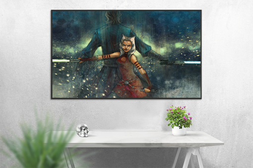 Embark on a journey to the Star Wars galaxy with a handcrafted oil painting on canvas, depicting the powerful synergy of young Ahsoka Tano and Anakin Skywalker in a back-to-back stance. Meticulously detailed and expertly crafted, this artwork brings the iconic characters to life, appealing to both Star Wars enthusiasts and art connoisseurs. Transform your space with this unique piece—a captivating addition to any collection, skillfully portraying the enduring connection between master and apprentice in the epic Star Wars saga.
