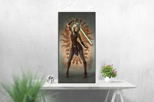 Embark on a visual journey with a handcrafted oil painting on canvas, showcasing Ahsoka Tano in a poised and ready posture. Meticulously detailed and expertly crafted, this artwork captures the strength and elegance of the beloved Star Wars character. Transform your space with this unique piece—a captivating addition to any collection, resonating with fans and art enthusiasts alike. The determined and resilient stance of Ahsoka Tano is skillfully portrayed, making this painting a standout representation of her iconic presence in the Star Wars universe.