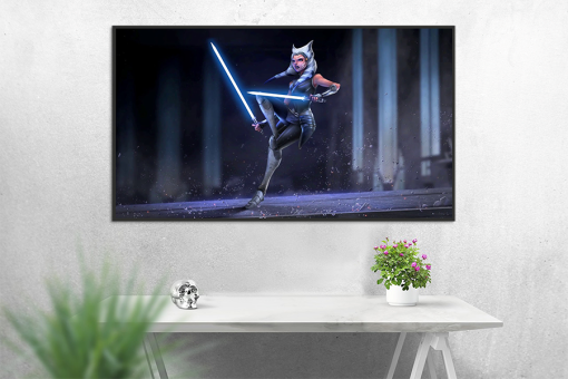 Immerse yourself in the graceful movements of Ahsoka Tano with a handcrafted oil painting on canvas, capturing her in a mesmerizing lightsaber dance. Meticulously detailed and expertly crafted, this unique artwork brings the dynamic energy of the beloved Star Wars character to life. Transform your space with this exceptional piece—a captivating addition to any collection, resonating with fans and art enthusiasts alike. The lightsaber dance is skillfully portrayed, making this painting a visual celebration of Ahsoka's prowess and elegance in the Star Wars universe.