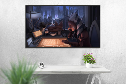 Delve into the world of knowledge and contemplation with a handcrafted oil painting on canvas, capturing Ahsoka Tano immersed in reading and learning against a captivating cityscape. Meticulously detailed and expertly crafted, this unique artwork brings forth the intellectual depth and serenity of the beloved Star Wars character. Transform your space with this exceptional piece—a captivating addition to any collection, resonating with fans and art enthusiasts alike. Ahsoka's scholarly pursuit is skillfully portrayed, making this painting a visual ode to her wisdom and grace in the Star Wars universe.
