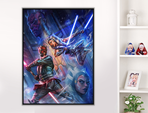 Delve into the riveting showdown between Ahsoka Tano and Darth Maul with a handcrafted oil painting on canvas, presenting their intense duel in a stunning and beautiful design. Meticulously detailed and expertly crafted, this artwork captures the dynamic essence and emotional intensity of this iconic Star Wars moment. Transform your space with this exceptional piece—a mesmerizing addition to any collection, resonating with fans and art enthusiasts alike. Immerse yourself in the intricately rendered lightsabers and the profound emotions that define this legendary duel, as the Star Wars saga comes to life on canvas.