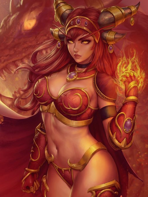 Experience the fiery elegance of Alexstrasza with our captivating oil painting on canvas, showcasing her in a mesmerizing and sensual portrait. With flames dancing at her fingertips, this artwork exudes a powerful allure and enchanting charm. Perfect for admirers of Warcraft and fantasy art, this handcrafted masterpiece brings Alexstrasza to life in a sultry and dynamic portrayal. Adorn your space with the commanding presence of the Dragon Queen, captured with exquisite detail and intense beauty.