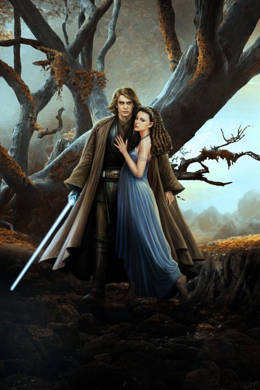 Capture the timeless love and strength of Anakin Skywalker and Padmé Amidala with a handcrafted oil painting on canvas. This masterpiece depicts Anakin cradling Padmé in his arms, one hand tenderly embracing her while the other firmly holds a lightsaber, symbolizing his protective devotion. Meticulously detailed and expertly crafted, this artwork brings the iconic Star Wars couple to life, resonating with fans and art enthusiasts alike. Elevate your decor with this exceptional piece—a poignant addition to any collection, skillfully portraying the interplay of love and heroism in a galaxy far, far away.