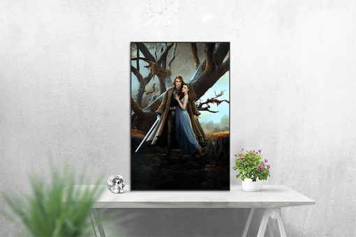 Experience the romance and courage of Anakin Skywalker and Padmé Amidala through a handcrafted oil painting on canvas. This poignant artwork captures Anakin holding Padmé in his arms, one hand embracing her while the other firmly clutches a lightsaber, symbolizing his protective resolve. Meticulously detailed and expertly crafted, this masterpiece brings the iconic Star Wars couple to life, resonating with fans and art enthusiasts alike. Transform your space with this exceptional piece—a powerful addition to any collection, skillfully portraying the intertwining themes of love and heroism in the vast galaxy of Star Wars.