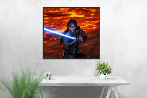 Step into the heart of the Star Wars universe with a handcrafted oil painting on canvas, showcasing a riveting portrait of Anakin Skywalker standing gallantly with his lightsaber drawn, prepared for the iconic duel on Mustafar. Meticulously detailed and expertly crafted, this artwork captures the essence of that pivotal moment in the Star Wars saga, resonating with fans and art enthusiasts alike. Transform your space with this exceptional piece—a dramatic addition to any collection, skillfully portraying Anakin's determined stance in the climactic battle. Immerse yourself in the visual storytelling of this legendary Star Wars scene expertly rendered on canvas.