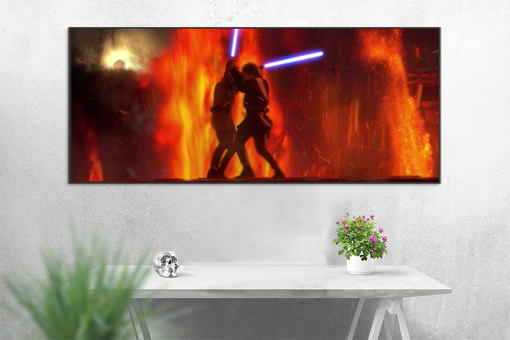 Experience the dramatic showdown on Mustafar with a handcrafted oil painting on canvas, capturing the intense duel between Anakin Skywalker and Obi-Wan Kenobi. Meticulously detailed and expertly crafted, this artwork immerses you in the heart of the Star Wars saga, vividly portraying the swirling lightsabers and emotional intensity of this iconic battle. Transform your space with this exceptional piece—a captivating addition to any collection, resonating with fans and art enthusiasts alike. Immerse yourself in the dynamic choreography and powerful emotions expertly rendered on canvas, bringing to life the unforgettable clash between these two legendary characters.