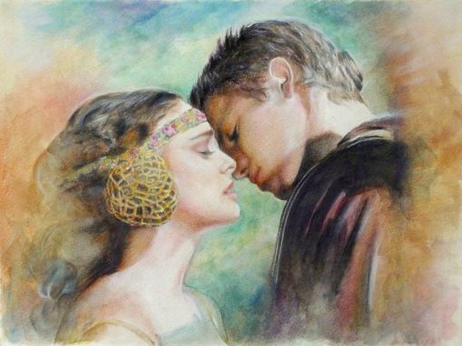 Experience the timeless romance of Padmé and Anakin's wedding with our handcrafted oil painting on canvas. Meticulously capturing the tender moment before their kiss, this artwork beautifully portrays their love amidst the grandeur of their union. Elevate your space with this emotive portrait—a cherished addition for Star Wars enthusiasts and art aficionados alike. Immerse yourself in the rich emotions and captivating beauty depicted in vibrant hues and intricate brushstrokes, bringing their romance to life on your walls.