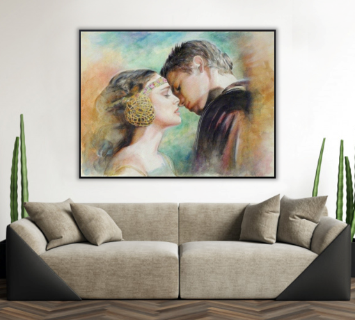Step into the enchanting world of Star Wars romance with our handcrafted oil painting on canvas, capturing the tender moment of Padmé and Anakin's wedding kiss. This meticulously crafted artwork immortalizes their love in vibrant colors and intricate details, making it a cherished addition to any collection. Elevate your space with this emotive portrayal—a perfect choice for both Star Wars enthusiasts and art connoisseurs. Immerse yourself in the captivating beauty and rich emotions depicted in this stunning piece, as their romance comes to life on your walls.
