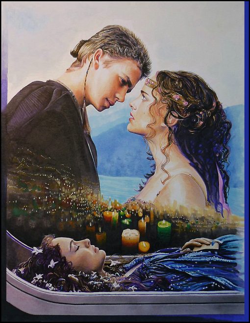 Indulge in the bittersweet romance of Anakin and Padmé's wedding captured in our handcrafted oil painting on canvas. This poignant artwork delicately balances love and sorrow, portraying the couple's tender moment alongside the haunting presence of Padmé's tragic fate. Elevate your space with this emotive portrayal—a captivating addition for Star Wars aficionados and art enthusiasts alike. Immerse yourself in the rich emotions and intricate details depicted in vibrant hues and expert brushwork, bringing their compelling story to life on your walls.