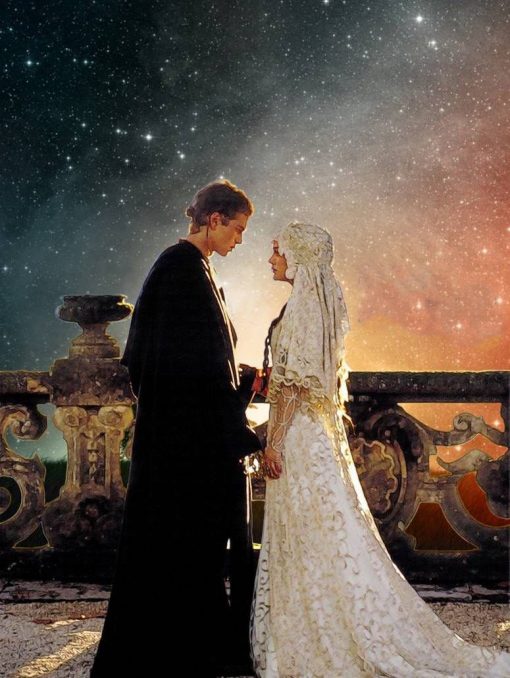 Capture the essence of love with a handcrafted oil painting on canvas, portraying the romantic union of Anakin Skywalker and Padmé Amidala on the idyllic planet of Naboo. Meticulously detailed and expertly crafted, this artwork freezes a moment of timeless affection, showcasing the iconic Star Wars couple in the bloom of their romance. Elevate your space with this exceptional piece—a heartfelt addition to any collection, skillfully depicting the tenderness of Anakin and Padmé's connection. Immerse yourself in the rich design, as the canvas brings to life the captivating beauty of their love story.