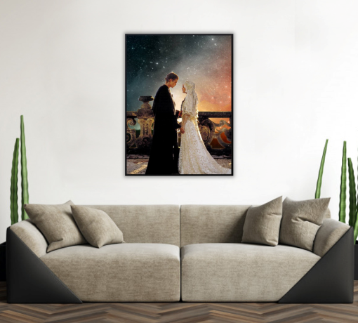 Experience the magic of love with a handcrafted oil painting on canvas, capturing the romantic moment of Anakin Skywalker and Padmé Amidala on the picturesque planet of Naboo. Meticulously detailed and expertly crafted, this artwork freezes a moment of eternal affection, showcasing the iconic Star Wars couple in the prime of their love story. Transform your space with this exceptional piece—a heartfelt addition to any collection, skillfully depicting the tender connection between Anakin and Padmé. Immerse yourself in the rich design, as the canvas brings to life the enchanting beauty of their intertwined destinies.