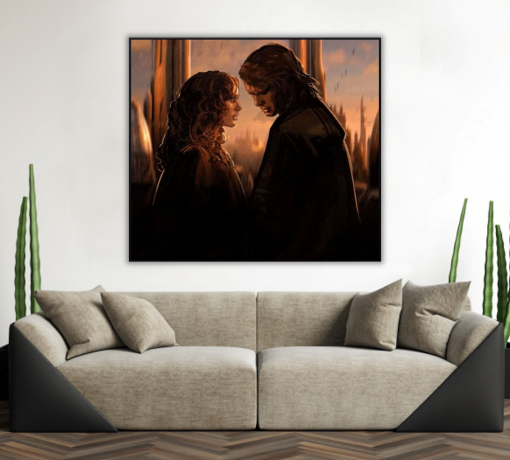 Dive into the emotional depth of Padmé and Anakin's heartfelt exchange portrayed in our handmade oil painting on canvas. This stirring artwork captures the poignant moments of doubt and suffering, particularly evident in Anakin's troubled expression. Elevate your space with this evocative depiction—a captivating choice for both Star Wars devotees and art enthusiasts. Immerse yourself in the nuanced brushwork and rich colors that convey the complexity of their relationship, inviting viewers to empathize with their inner turmoil and uncertainties.