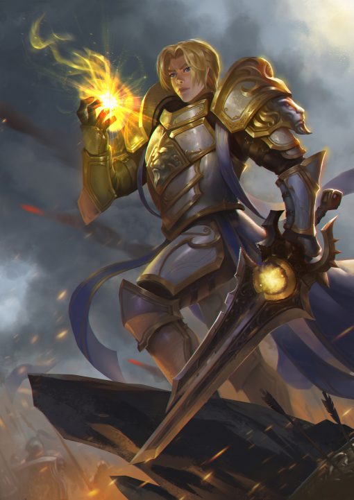 Behold the valor of Anduin Wrynn in our captivating oil painting on canvas, showcasing the noble king wielding his sword with unwavering resolve while clutching the light in his other hand. This handcrafted masterpiece exudes power and determination, capturing the essence of leadership and courage. Ideal for World of Warcraft enthusiasts and art lovers alike, this portrait brings the iconic character to life with exquisite detail and skill. Elevate your space with the presence of Anduin Wrynn, a symbol of strength and hope in the face of adversity.