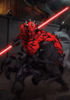 Experience the intensity of a Sith showdown with a handcrafted oil painting on canvas, depicting Darth Maul in a furious duel while Darth Sidious watches from a distance. Meticulously detailed and expertly crafted, this artwork captures the raw energy and emotion of this iconic Star Wars moment. Elevate your decor with this exceptional piece—a riveting addition to any collection, skillfully portraying the clash of these formidable Sith Lords. Immerse yourself in the dynamic lightsaber battle and masterful design, bringing the dark side of the Force to life on canvas.