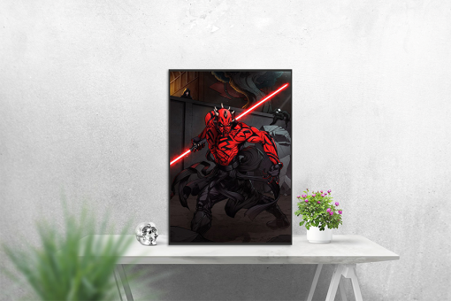 Dive into the heart of the dark side with a handcrafted oil painting on canvas, capturing the intense battle between Darth Maul and Darth Sidious. Meticulously detailed and expertly crafted, this artwork vividly portrays Maul in the heat of fury, with Sidious observing from a distance. Transform your space with this exceptional piece—a captivating addition to any collection, skillfully bringing to life the clash between these formidable Sith Lords. Immerse yourself in the dynamic lightsaber duel and evocative design, as the dark side of the Force unfolds on canvas.