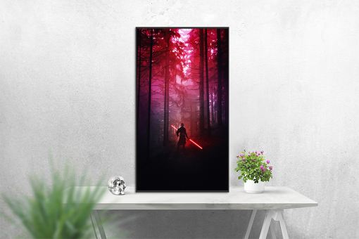 Step into the realm of the Sith with a handcrafted oil painting on canvas, featuring a captivating Darth Maul portrait set against the mysterious backdrop of a dark and enchanting woodland. Meticulously detailed and expertly crafted, this artwork brings to life the ominous charm of the formidable Sith Lord amidst the shadows of the forest. Transform your space with this exceptional piece—a compelling addition to any collection, seamlessly blending Maul's intense presence with the mystical allure of the woods. Immerse yourself in the artistry, as the iconic Star Wars character takes center stage in a powerful and atmospheric canvas.