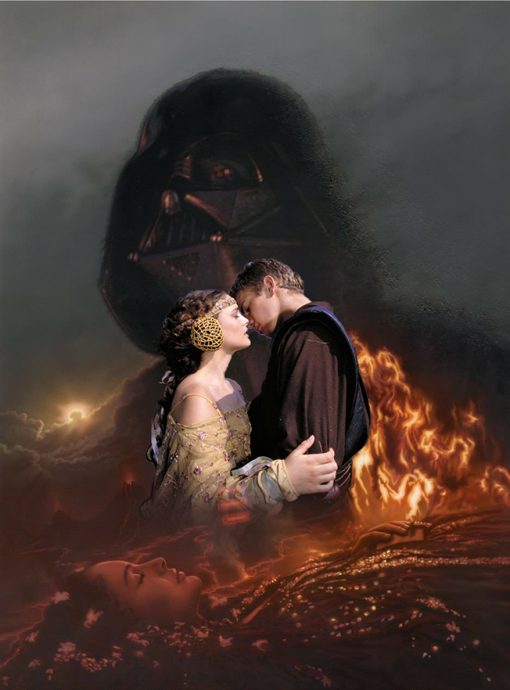 Delve into the dramatic tension of Anakin Skywalker and Padmé Amidala's embrace in our captivating oil painting on canvas. This poignant artwork juxtaposes their tender moment of affection with the haunting specter of Darth Vader looming in the background and Padmé's tragic demise depicted in the foreground. Elevate your space with this evocative portrayal—a compelling addition for Star Wars enthusiasts and art connoisseurs alike. Immerse yourself in the intricate details and emotional depth that convey the complexities of their relationship and the fateful events that lie ahead.