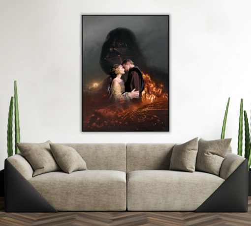 Experience the poignant juxtaposition in our handmade oil painting on canvas, where Anakin Skywalker and Padmé Amidala prepare to share a kiss, while the specter of Darth Vader looms in the background and Padmé's tragic fate awaits in the foreground. This emotive artwork captures the complexity of their relationship and the ominous foreshadowing of Anakin's transformation. Elevate your collection with this compelling portrayal—a must-have for Star Wars fans and art aficionados seeking depth and emotion. Immerse yourself in the rich narrative layers and intricate details that evoke both passion and sorrow.