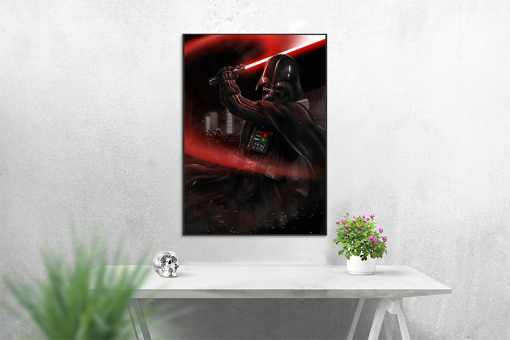 Unleash the might of the Sith with a handcrafted oil painting on canvas, capturing the intense moment as Darth Vader delivers a powerful strike with his lightsaber. Meticulously detailed and expertly crafted, this artwork freezes the Sith Lord's martial prowess, creating a mesmerizing display of strength. Transform your space with this exceptional piece—a compelling addition to any collection, skillfully preserving Darth Vader's commanding presence in the midst of battle. Immerse yourself in the vivid design, as the canvas brings to life the sheer force and dark elegance of Vader's lightsaber strike.