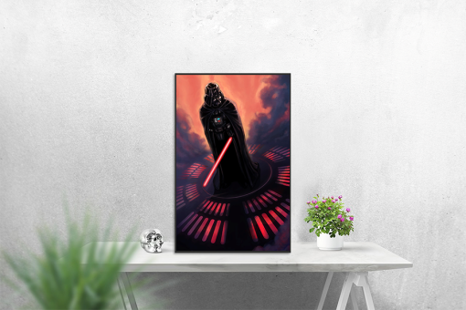 Peer into the mysterious mind of Darth Vader through a handcrafted oil painting on canvas, capturing the Sith Lord in a moment of profound contemplation while holding his lightsaber. Meticulously detailed and expertly crafted, this artwork freezes a timeless scene, revealing Vader's deep introspection amid an ominous aura. Transform your space with this exceptional piece—a captivating addition to any collection, skillfully depicting the nuanced layers of Darth Vader's character. Immerse yourself in the intricate design, as the canvas brings to life the compelling intensity of Vader's contemplative pose.