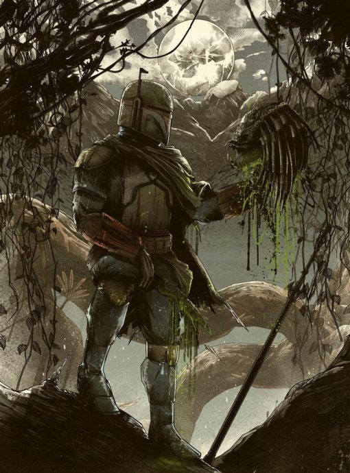 Immerse yourself in the rugged world of Din Djarin, the Mandalorian, with our handcrafted oil painting on canvas. Witness the bounty hunter in a defining moment, as he holds the severed head of a Predator, his gaze unwavering. Elevate your space with this dynamic portrayal—a must-have for fans of both Star Wars and Predator franchises. Experience the intensity of the scene captured in intricate brushwork and vivid colors. Own a piece that encapsulates the thrill of the hunt and the resilience of the Mandalorian.