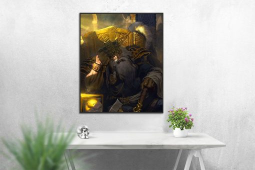 Embark on a journey into the realms of fantasy with a handcrafted oil painting on canvas, featuring a compelling portrait of a fatigued old Dwarf king seated upon his throne. This expressive artwork captures the character's weariness and seasoned wisdom with intricate detailing and warm, earthy hues. Elevate your decor with this unique piece that appeals to fantasy enthusiasts and art lovers. Immerse your surroundings in the regal ambience—a distinguished addition to any collection, expertly portraying the enduring strength and contemplative fatigue of the old Dwarf king.