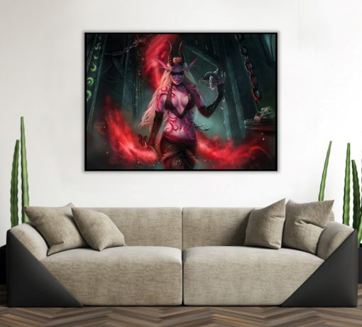 Step into the realm of dark fantasy with our handcrafted oil painting on canvas, featuring a blood elf women demon hunter wielding a skull in her hand, her haunting smile exuding an eerie and wild charisma. This captivating artwork captures the essence of the fantastical with meticulous detail and evocative strokes. Elevate your decor with this striking and unique piece that appeals to both fantasy enthusiasts and art connoisseurs. Immerse yourself in the chaotic allure of this scene—a must-have addition to any collection, seamlessly blending the alluring beauty of a blood elf with the fierce madness of a demon hunter.