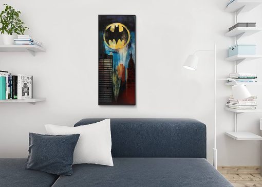 Step into the enigmatic world of Gotham City with a handcrafted oil painting on canvas, capturing its mesmerizing night ambiance. The iconic bat signal casts its legendary glow, adding a touch of mystery to the cityscape. Immerse yourself in the expert detailing and vibrant strokes that bring this evocative artwork to life. Elevate your decor with this unique piece—a striking addition to any collection, skillfully portraying the timeless allure and mystique of Gotham City under the starlit night sky.