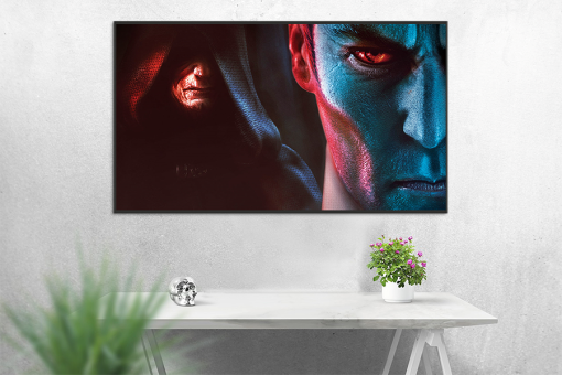 Delve into the intricate dynamics of the Galactic Empire with our stunning oil painting on canvas, featuring the enigmatic Grand Admiral Thrawn, his half-face revealing hints of intrigue, while Darth Sidious looms ominously in the background. This masterfully crafted artwork captures the essence of power and manipulation, drawing you into a world of mystery and suspense. Celebrate the complexity of these iconic Star Wars characters with a mesmerizing addition to your collection. Transform your space with this captivating portrayal, embodying the enigmatic allure of the Empire's most formidable figures.