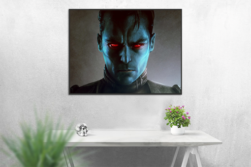 Immerse yourself in the commanding gaze of Grand Admiral Thrawn with our handcrafted oil painting on canvas, capturing his watchful eyes fixed upon you. This captivating artwork evokes a sense of intrigue and authority, as Thrawn's presence dominates the scene. Own a piece that embodies the essence of Thrawn's enigmatic persona, perfect for any Star Wars collector. Elevate your space with this compelling portrayal, inviting you into the captivating world of the Galactic Empire.