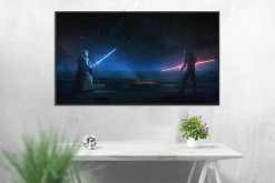 Step into the heart of the desert planet Tatooine with our mesmerizing oil painting on canvas, showcasing the epic duel between Obi-Wan Kenobi and Darth Maul. This handcrafted masterpiece encapsulates the raw energy and tension of their confrontation, immortalizing a pivotal moment in Star Wars lore. Immerse yourself in the swirling sands and dynamic combat, brought to life with striking colors and meticulous brushwork. Add this iconic scene to your collection and experience the Force like never before. Elevate your space with this captivating artwork, a tribute to the timeless battle between light and dark.