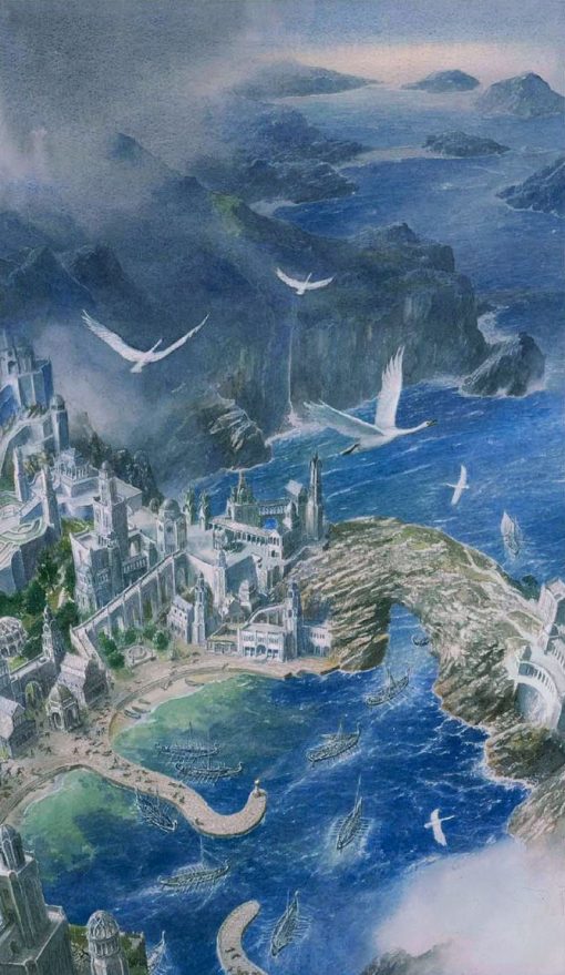 Step into the enchanting world of Middle-earth with a handcrafted oil painting on canvas, capturing the mesmerizing beauty of a Numenor city landscape. This evocative artwork, rich in detailing and vibrant hues, transports you to the heart of Lord of the Rings. Elevate your decor with this unique piece that resonates with fantasy enthusiasts and art connoisseurs alike. Immerse your space in the grandeur of Numenor—a standout addition to any collection, skillfully portraying the timeless charm and allure of this legendary city.