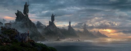 Transform your space with the ethereal beauty of Middle-earth through a handcrafted oil painting on canvas, capturing the enchanting Numenor island landscape. Immerse yourself in the allure of statues lining the coast under a breathtaking sunset against a dramatic grey sky. This evocative artwork, rich in detailing and vibrant hues, transports you to the heart of The Rings of Power in the Tolkien universe. Elevate your decor with this unique piece that resonates with fantasy enthusiasts and art connoisseurs alike. An exquisite addition to any collection, skillfully portraying the mystical charm of Numenor's coastal paradise.