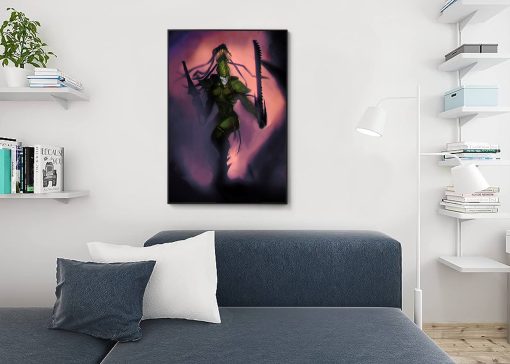 Step into the mystic realm with a handcrafted oil painting on canvas, featuring a Striking Scorpion Women Eldar from Warhammer 40k gracefully navigating through an ethereal fog. This captivating artwork skillfully captures the enigmatic allure of the Warhammer universe, with intricate detailing and atmospheric strokes. Elevate your decor with this unique piece that resonates with Warhammer enthusiasts and fantasy art connoisseurs alike. Immerse your surroundings in the enchanting scene—a distinctive addition to any collection, expertly portraying the elegance and intrigue of the Eldar amidst an atmospheric journey.