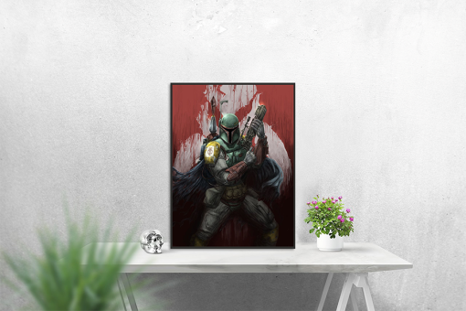 Dive into the world of bounty hunting with a handcrafted oil painting on canvas, featuring a captivating portrait of Boba Fett framed against the iconic Mandalorian symbol. Meticulously detailed and expertly crafted, this artwork brings to life the enigmatic allure of Boba Fett, resonating with fans and art enthusiasts alike. Transform your space with this exceptional piece—a dynamic addition to any collection, skillfully portraying the legendary bounty hunter against the emblem that represents his Mandalorian heritage. Immerse yourself in the mystery and strength of this iconic Star Wars character expertly captured on canvas.