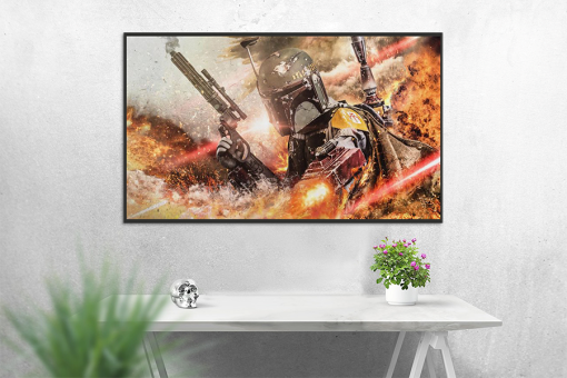 Enter the chaos of warfare through the lens of art with a handcrafted oil painting on canvas, featuring a captivating portrait of Boba Fett against the backdrop of a battlefield. Meticulously detailed and expertly crafted, this artwork immerses you in the dynamic presence of the legendary bounty hunter amidst the frenzy of battle. Transform your space with this exceptional piece—a powerful addition to any collection, skillfully fusing the intensity of Boba Fett's portrait with the dramatic scenery of a battlefield. Immerse yourself in the artistry, as this iconic Star Wars character springs to life on canvas.