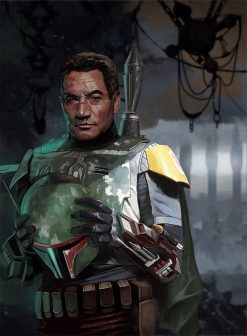 Capture the raw emotion of the galaxy's most renowned bounty hunter with a handcrafted oil painting on canvas, presenting a poignant portrait of Boba Fett. Meticulously detailed and expertly crafted, this artwork depicts Fett with a visibly worn face, reflecting the aftermath of a fierce battle, holding his helmet in solemn hands. Elevate your space with this exceptional piece—a stirring addition to any collection, skillfully conveying the vulnerability behind the iconic bounty hunter's armor. Immerse yourself in the emotional depth and masterful design, as this Star Wars legend reveals a different facet on canvas.