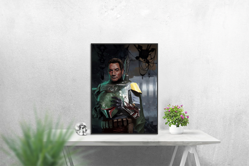 Experience the untold side of the galaxy's legendary bounty hunter with a handcrafted oil painting on canvas, showcasing a captivating portrait of Boba Fett bearing the marks of a recent battle. Meticulously detailed and expertly crafted, this artwork captures Fett with a worn and battle-weary face, holding his helmet in contemplative hands. Transform your space with this exceptional piece—a poignant addition to any collection, skillfully revealing the vulnerability beneath the iconic armor. Immerse yourself in the emotional narrative and masterful design, as Boba Fett's complex character unfolds on canvas.