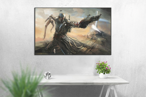Experience the unbridled power of Boba Fett with a handcrafted oil painting on canvas, capturing the bounty hunter in a portrait exuding a turbulent and violent mood. Meticulously detailed and expertly crafted, this artwork depicts Fett's aggressive stance, embodying the unyielding and fearsome nature of the galaxy's most formidable hunter. Transform your space with this exceptional piece—a dynamic addition to any collection, skillfully portraying the tumultuous mood of Boba Fett. Immerse yourself in the arresting design, as the canvas vividly communicates the intense spirit of one of Star Wars' most iconic characters.