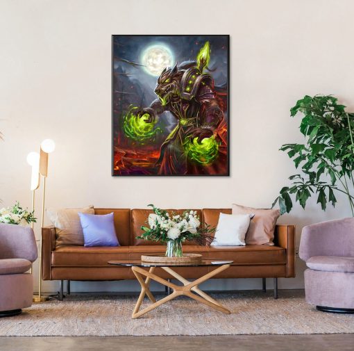 Experience the captivating allure of our handmade oil painting on canvas, featuring a Worgen Warlock standing beneath the moon's luminous glow. This mesmerizing artwork captures the essence of the night, with the Worgen's silhouette outlined against the starry sky. Perfect for fans of fantasy and World of Warcraft, this piece brings the mystical realm of Azeroth to life. Add a touch of enchantment to your space with this intricately crafted portrayal, meticulously rendered on canvas.