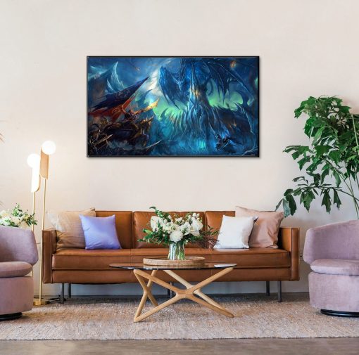 Step into the immersive world of Warcraft with our stunning handmade oil painting on canvas, showcasing the iconic showdown between Arthas and Sindragosa at the Battle of the Wrathgate. Feel the intensity of the moment as these legendary figures face off against the Alliance, captured in exquisite detail and vibrant colors. Perfect for fans of the game, this artwork adds a touch of fantasy and adventure to any space. Don't miss the chance to own a piece of Warcraft history with this captivating portrayal of one of its most epic battles.
